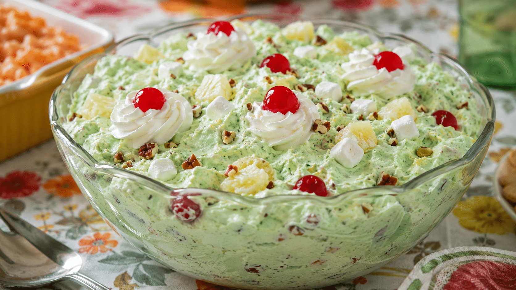 Pistachio Jello Salad: Creamy Retro Fluff Dessert 1 Pistachio Jello Salad with marshmallows, pineapple, nuts, and cherries