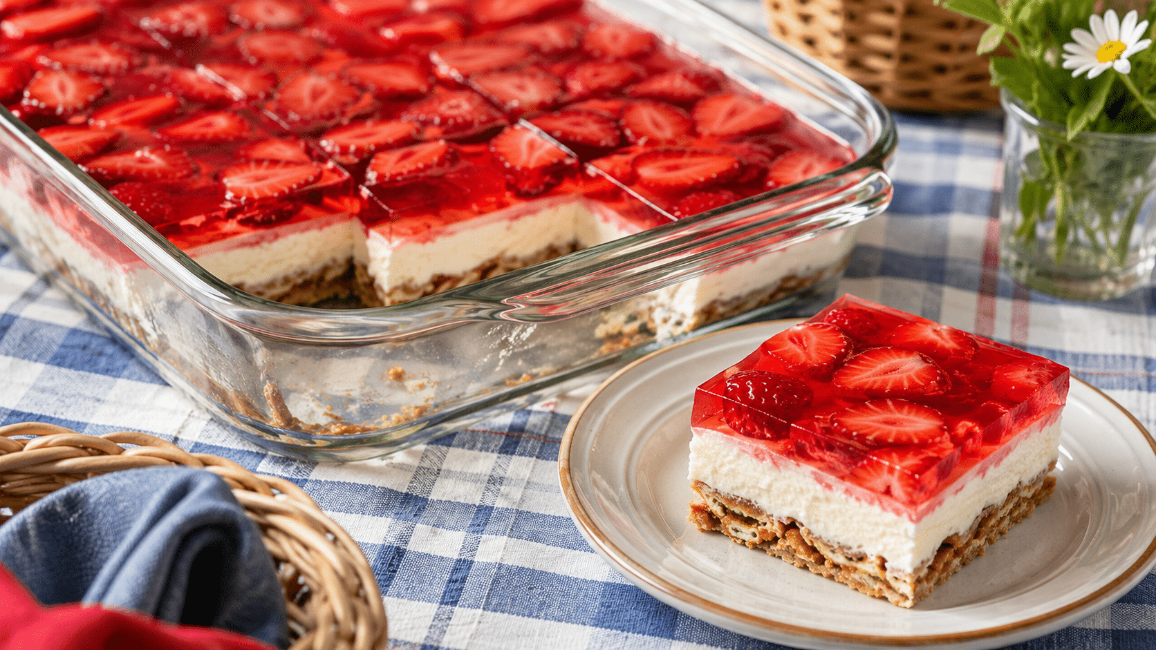 Pretzel Jello Salad: Sweet, Salty, Creamy Potluck Dessert 2 Pretzel Jello Salad with pretzel crust, cream cheese filling, and strawberry gelatin