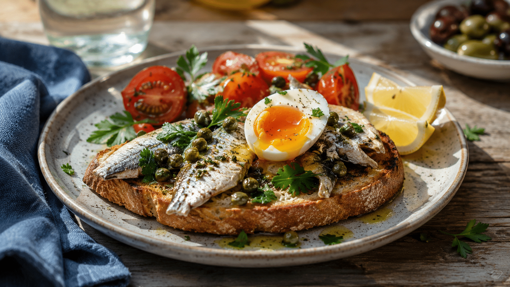Sardines Breakfast: Savory Toast with Eggs and Lemon 1 Sardines Breakfast toast with egg, lemon, tomatoes, and herbs
