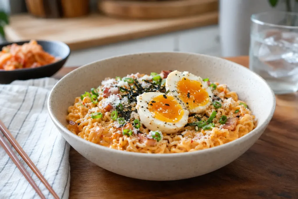 Carbonara Buldak Ramen Recipe: Creamy and Spicy 1 Carbonara Buldak Ramen Recipe with creamy spicy noodles, jammy eggs, scallions, sesame, nori, and Parmesan