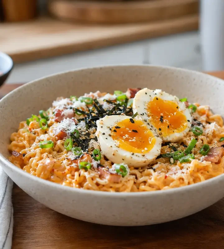 Carbonara Buldak Ramen Recipe: Creamy and Spicy 12 Carbonara Buldak Ramen Recipe with creamy spicy noodles, jammy eggs, scallions, sesame, nori, and Parmesan