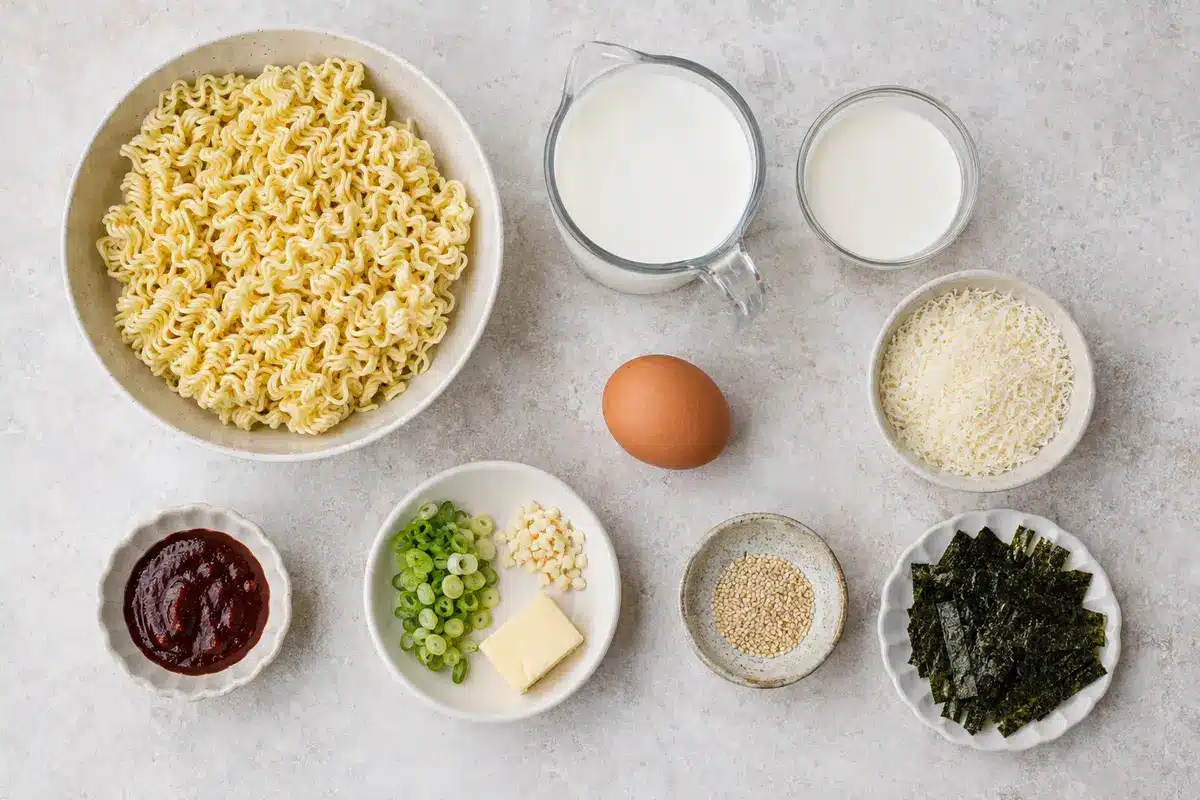 Carbonara Buldak Ramen Recipe: Creamy and Spicy 6 Ingredients for Carbonara Buldak Ramen Recipe including noodles, milk, cream, Parmesan, egg, butter, garlic, scallions, sesame, and nori