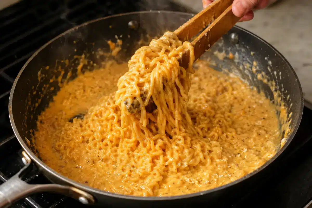 Carbonara Buldak Ramen Recipe: Creamy and Spicy 7 Creamy Buldak ramen noodles being tossed in glossy orange carbonara-style sauce in a skillet