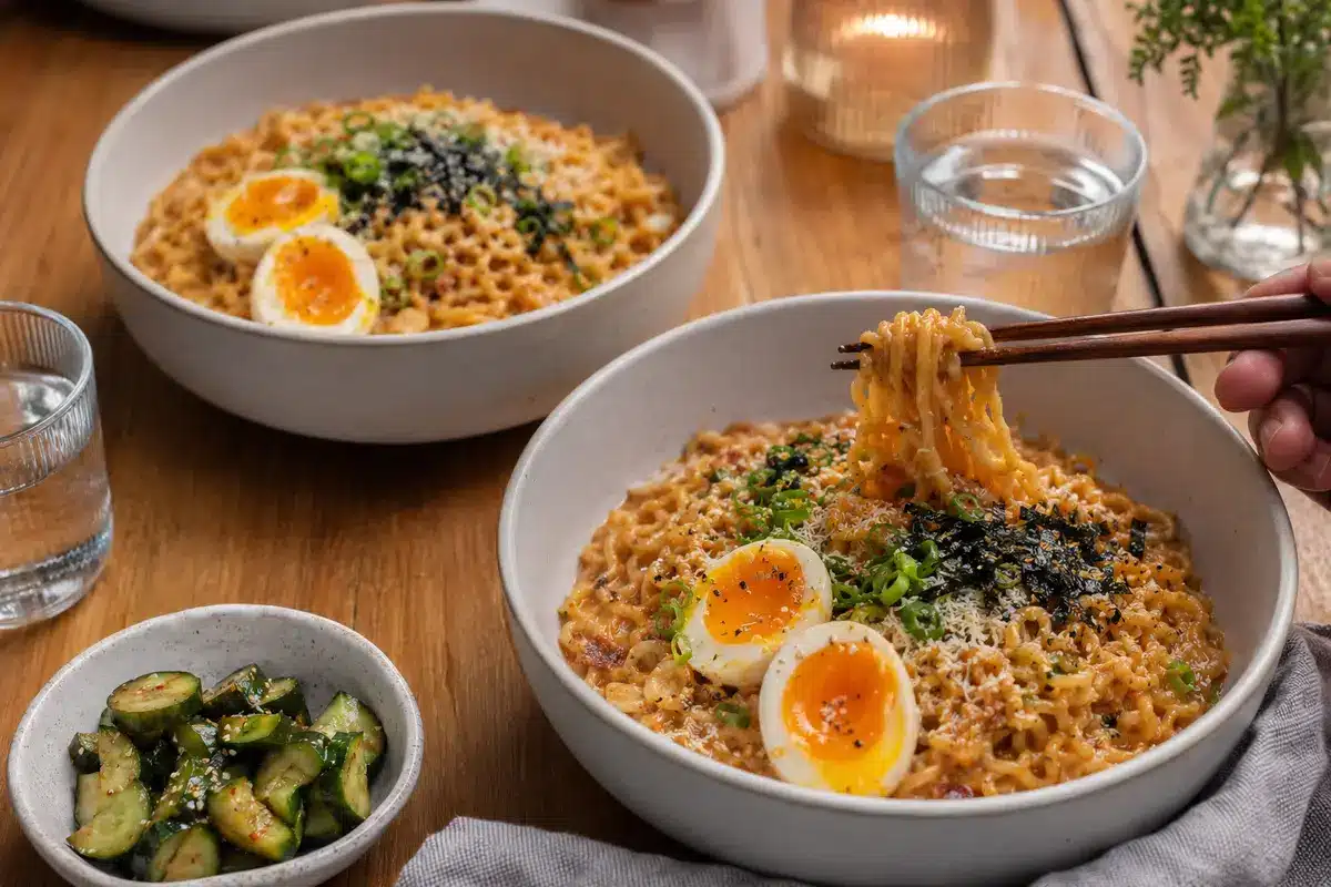 Carbonara Buldak Ramen Recipe: Creamy and Spicy 9 Two bowls of carbonara Buldak noodles served with jammy eggs, scallions, sesame, nori, and cucumber salad