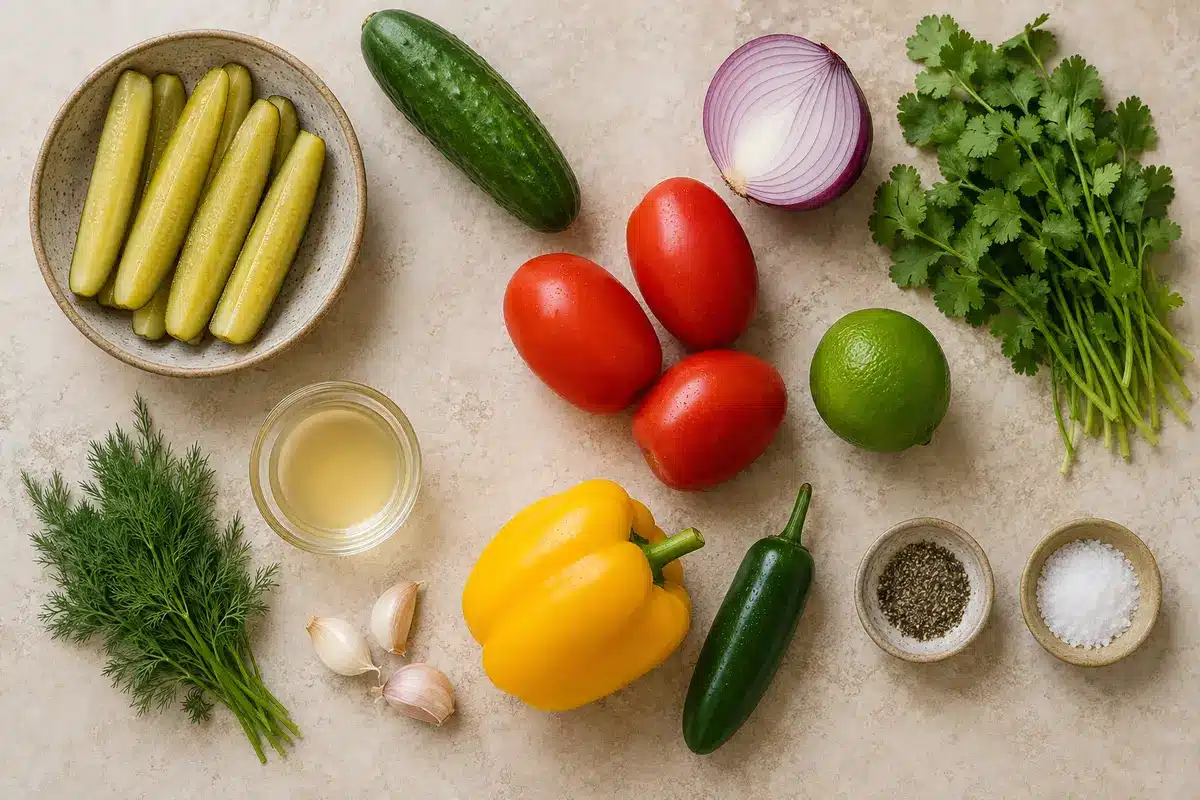 Pickle de Gallo: The Crunchy Pickle Salsa You Need 6 Ingredients for Pickle de Gallo including dill pickles, vegetables, herbs, lime, and pickle brine