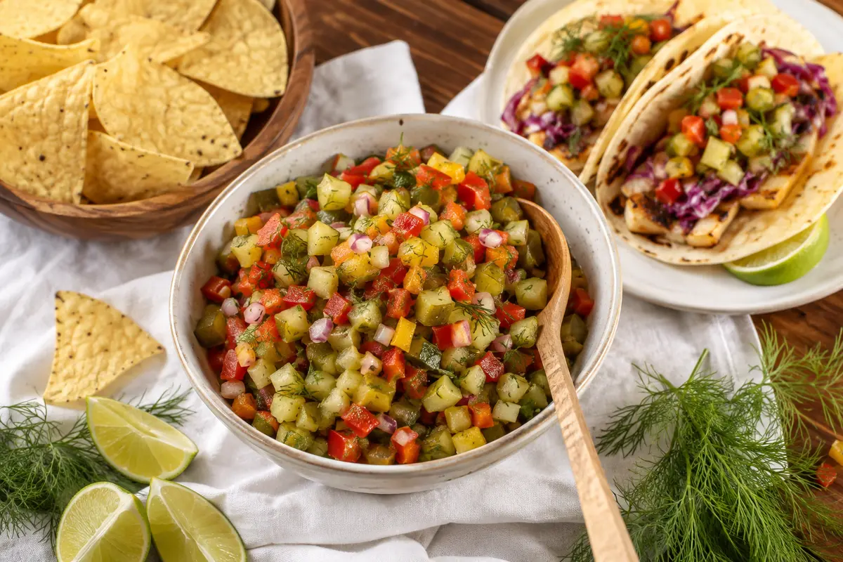 Pickle de Gallo: The Crunchy Pickle Salsa You Need 9 Pickle de Gallo served with tortilla chips and spooned over small tacos